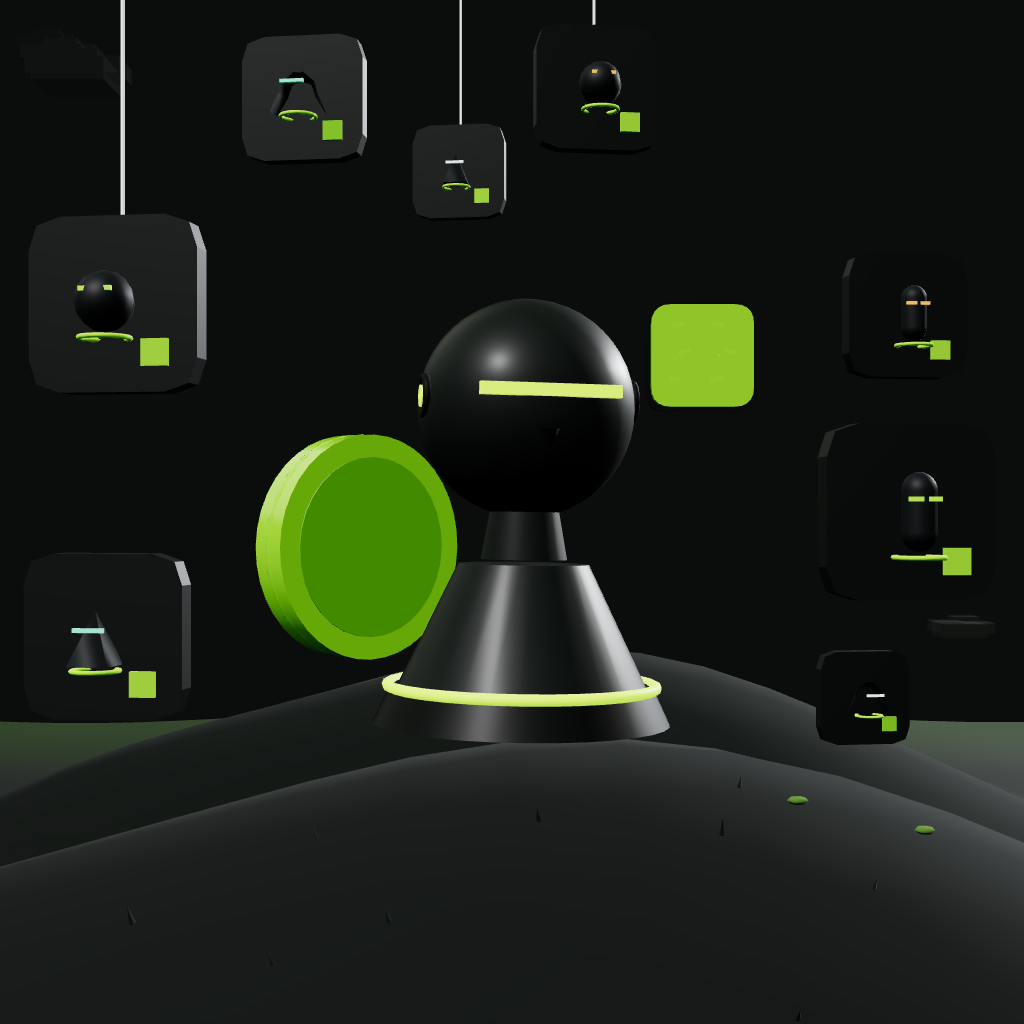 Matte black ceramic stealth helmet bust with a lime visor line and a floating glass tag.